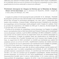 1212 - Page 1178 - Analyses. Neurologie. Études spéciales. Sympathique. Traitement chirurgical de l'angine de poitrine par la résection du sympathique cervico-thoracique, par Thomas Jonnesco, Presse méd... / Traitement chirurgical de l'angine de poitrine par la résection du sympathique cervico-thoracique, par T. Jonnesco... XXIXe Congrès de l'Assoc. franç. de chirurgie...