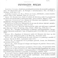 1226 - Page 1192 - Analyses. Psychiatrie. Études générales. Bibliographie. Le syndrome humoral de la paralysie générale. Son application à l'étude des paralysies générales prolongées, par Jacques Haguenau. Thèse de Paris..., 1920 / Ouvrages reçus