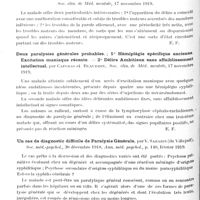 1324 - Page 1286 - Analyses. Psychiatrie. Psychoses organiques. Délire mélancolique : au bout de cinq mois apparition de syndrome paralytique, par Colin et Sarazin, Soc. clin. de méd. mentale... / Alternance de symptômes chez un paralytique général, par Leroy et Abely, Soc. clin. de méd. mentale... / Deux paralysies générales probables ; 1° Hémiplégie spécifique ancienne. Excitation maniaque récente. - 2° Délire ambitieux sans affaiblissement intellectuel, par Capgras et Beaudoin. Soc. clin. de méd. mentale... / Un cas de diagnostic difficile de paralysie générale, par V. Sarazin..., Soc. méd.-psychol... Ann. méd. psychol... / Deux cas de paralysie générale sénile. Présentation d'un malade, par R. Mourgue... Soc. méd. psychol... Ann. méd.-psychol...