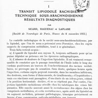 0033 - Page 1 - Mémoires originaux. Neurologie. I. Transit lipiodolé rachidien technique sous-arachnoïdienne. Résultats diagnostiques, par Sicard, Haguenau et Laplane