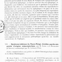 0132 - Page 100 - Société de neurologie de Paris. Séance du 10 janvier 1924. Communications et présentations. VI. Un équivalent épileptique sous la forme d'amaurose monoculaire, par M. Souques et Mlle Dreyfus-Sée / VII. Syndrome inférieur du noyau rouge, troubles psycho-sensoriels d'origine mésocéphalique, par M. Ludo van Boggaert... communiqué par M. Charles Foix