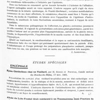 0149 - Page 117 - Analyses. Neurologie. Études générales. Sémiologie. Sur une épidémie d'ostéomalacie en Galicie (Petite Pologne) orientale (1918-1920), par C. Orzechowski... Bull. de l'Académie polonaise des sc. méd... (Texte français) / Études spéciales. Encéphale. Kyste cérébelleux chez un vieillard, par H. Roger et Pourtal, Comité médical des Bouches-du-Rhône... / Abcès du lobe frontal droit consécutif à un traumatisme sans fracture de la région fronto-pariétale droite, par Tristant et Bouyala. Comité méd. des Bouches-du-Rhône...