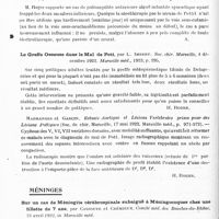 0154 - Page 122 - Analyses. Neurologie. Études spéciales. Rachis et moelle. Fracture de la colonne vertébrale : laminectomie ; guérison, par V. Aubert. Soc. de chir. Marseille... in Marseille méd... / Un cas de paralysie infantile traitée par le sérum antipotiomyélitique de Pettit, par H. Roger. Comité médical des Bouches-du-Rhône... / Le greffe osseuse dans le mal de Pott, par L. Imbert. Soc. chir. Marseille... Marseille méd... / Méninges. Sur un cas de méningite cérébrospinale subaiguë à méningocoques chez une fillette de 7 ans, par Cassoute et Crémieux. Comité méd. des Bouches-du-Rhône... in Marseille méd