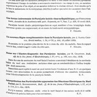 0315 - Page 283 - Analyses. Neurologie. Études spéciales. Nerfs crâniens. La contracture de la face consécutive à une paralysie faciale périphérique. Son mécanisme en comparaison avec le mécanisme de la contracture de la face d'origine centrale, par D. Noica, Encéphale... / Une forme intéressante de paralysie faciale chez un syphilitique, par Fernandez Sanz, Annales de la Academia méd. quir. Espanola... / Un nouveau signe complémentaire dans la paralysie faciale, par J. Santa Cecilia, Brazil medico... / Notes sur l'electro-diagnostic des paralysies faciales, par M. Chartier. Bull. off. de la Soc. franc. d'electrothérapie... / Interprétation des particularités apparentes des réactions électriques du nerf facial, par G. Bourguignon, Bull. off. de la Soc. franc. d'electrothérapie... / Les troubles de la sensibilité dans les paralysies du nerf facial, par J.-R. Pierre, Presse méd...