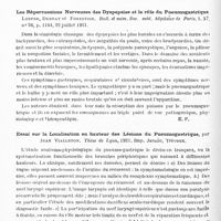 0318 - Page 286 - Analyses. Neurologie. Études spéciales. Nerfs crâniens. De la sensibilité chimique des terminaisons du pneumogastrique pulmonaire, par A. Pi Suner et J. M. Bellido. Journ. de physiol. et de pathol. génér... / Les répercussions nerveuses des dyspepsies et le rôle du pneumogastrique. Loeper, Debray et Forestier, Bull. et mém. Soc. méd. hôpitaux de Paris... / Essai sur la localisation en hauteur des lésions du pneumogastrique, par Jean Vialleton. Thèse de Lyon, 1921...