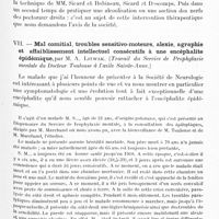0421 - Page 389 - Société de neurologie de Paris. Séance du 6 mars 1924. Communications et présentations. VI. Spasme professionnel à forme de torticolis spasmodique et contracture permanente des pectoraux, par G. Heuyer et Mlle Zimmer / VII. Mal comitial, troubles sensitivo-moteurs, alexie, agraphie et affaiblissement intellectuel consécutifs à une encéphalite épidémique, par M. A. Litwak (Travail du service de prophylaxie mentale du Docteur Toulouse à l'asile Sainte-Anne)