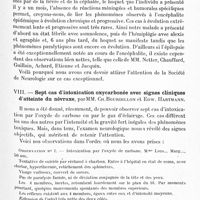 0423 - Page 391 - Société de neurologie de Paris. Séance du 6 mars 1924. Communications et présentations. VII. Mal comitial, troubles sensitivo-moteurs, alexie, agraphie et affaiblissement intellectuel consécutifs à une encéphalite épidémique, par M. A. Litwak (Travail du service de prophylaxie mentale du Docteur Toulouse à l'asile Sainte-Anne) / VIII. Sept cas d'intoxication oxycarbonée avec signes cliniques d'atteinte du névraxe, par MM. Ch. Bourdillon et Edw. Hartmann