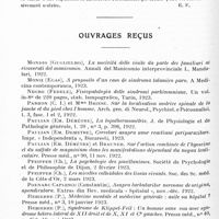 0432 - Page 400 - Analyses. Neurologie. Etudes spéciales. Nerfs crâniens. Paralysie globale des six derniers nerfs crâniens et dusympathique cervical par blessure de guerre, par d'Oelsnitz et Lucien Cornil, Bull. et mém. de la Soc. méd. des hôpitaux de Paris... / Un cas de section isolée du nerf grand hypoglosse, par André Barbé. Progrès méd... / Ouvrages reçus