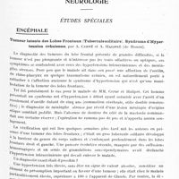 0501 - Page 469 - Analyses. Neurologie. Études spéciales. Encéphale. Tumeur latente des lobes frontaux (tubercule solitaire). Syndrome d'hypertension crânienne, par A. Cerné et A. Halipré...