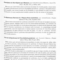 0503 - Page 471 - Analyses. Neurologie. Études spéciales. Nerfs crâniens. De l'influence exercée sur le sterno-cléido-mastoïdien par la paralysie de la branche externe du spinal, par L. Bard. Presse méd... / Paralysie du nerf spinal par blessure, par Giulia Bonarelli-Modena. Ann. di Nevrol... / Le syndrome nerveux de l'espace sous-mastoïdien, par André Barbé. Progrès médical... / Un cas de syndrome du trou déchiré postérieur, par Laurent Moreau. Progrès méd...