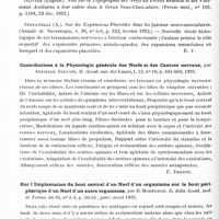 0506 - Page 474 - Analyses. Neurologie. Études spéciales. Nerfs périphériques. Contribution à l'étude des branches postérieures des nerfs rachidiens dorsaux et lombaires, par Boppe et Brouet. Soc. anatomique... / Contributions à la physiologie générale des nerfs et des centres nerveux, par Aristide Stefani. R. Accad. naz. dei Lincei... / Sur l'implantation du bout central d'un nerf d'un organisme sur le bout périphérique d'un nerf d'un autre organisme, par B. Morpurgo. G. della Accad. med. di Torino...