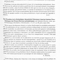 0515 - Page 483 - Analyses. Neurologie. Études spéciales. Nerfs périphériques. Deux cas montrant l'effet de la section de l'artère brachiale, par A. Rocyn Jones. Proceedings of the R. Soc. of Med... Section of Neurology... / Le spasme vasculaire dans la claudication intermittente du membre supérieur, par André-Thomas et J. Lévy-Valensi. Paris Médical... / Les troubles de la pallesthésie (sensibilité vibratoire) dans les lésions traumatiques des troncs nerveux périphériques, par Casimiro Franck. Arch. gen. di Neurologia, Psichiatria e Psichoanalisi...