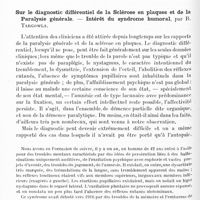 0770 - Page 734 - Ve Réunion neurologique internationale annuelle. 30-31 mai 1924. Communications. Diagnostic. Diagnostic différentiel de la sclérose en plaques et de la compression médullaire, par Long, Jentzer et G. de Morsier... / Sur le diagnostic différentiel de la sclérose en plaques et de la paralysie générale. - Intérêt du syndrome humoral, par R. Targowla