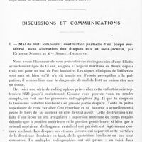 0092 - Page 44 - Société de neurologie de Paris. Séance du 1er juillet 1926. Souvenir à M. Henry Meige / Discussions et communications. I. Mal de Pott lombaire : destruction partielle d'un corps vertébral, sans altération des disques sus et sous-jacents, par Etienne Sorrel et Mme Sorrel-Dejerine