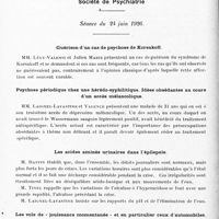 0160 - Page 108 - Sociétés. Société de psychiatrie. Séance du 24 juin 1926. Guérison d'un cas de psychose de Korsakoff / Psychose périodique chez une hérédo-syphilitique. Idées obsédantes au cours d'un accès mélancolique / Les acides aminés urinaires dans l'épilepsie / Les vols de « jouissance momentanée » et en particulier ceux d'automobiles