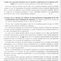 0174 - Page 122 - Analyses. Neurologie. Études générales. Physiologie. Appareil thyroïdien et choc peptonique. Mécanisme de l'action du vague sur la sensibilité de l'organisme au choc, par L. Garrelon et D. Santenoise. Presse médicale... / L'effet de la ponction lombaire sur la diurèse, la glycosurie et la tension artérielle, par A. Ravina. Presse médicale... / L'action sur la diurèse de l'extrait de lobe postérieur d'hypophyse et de ses modifications sous l'influence du sommeil, par Marcel Labbé, P.-L. Violle et E. Azerad. Presse médicale... / Recherches sur la tension veineuse dans ses rapports avec la pression du liquide céphalo-rachidien, par Claude, Targowla et Lamache. Soc. de biologie...