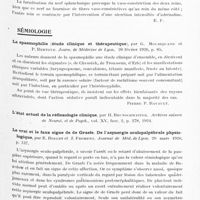 0175 - Page 123 - Analyses. Neurologie. Études générales. Physiologie. Recherches sur la tension veineuse dans ses rapports avec la pression du liquide céphalo-rachidien, par Claude, Targowla et Lamache. Soc. de biologie... / Innervation vaso-constrictive des reins par le splanchnique, par Tournade et Hermann. Soc. de biologie... / Sémiologie. La spasmophilie (étude clinique et thérapeutique), par G. Mouriquand et P. Bertoye. Journ. de médecine de Lyon... / Le vrai et le faux signe de de Graefe. De l'asynergie oculopalpébrale physiologique, par E. Rollet et J. Froment. Journal de méd. de Lyon... / Cécite transitoire ou durable sans signes ophtalmoscopiques chez les enfants par L. Genet. Journ. de médecine de Lyon...