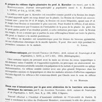 0177 - Page 125 - Analyses. Neurologie. Études générales. Sémiologie. L'hyperuréorachie. Fréquence au cours des affections psychiques. Essai de pathogénie, par Salles. Thèse d'Alger, 1925 / A propos du réflexe digito-plantaire du Prof. A. Kornilov (en russe), par A.-M. Mostvilichker. Journal névropatologhii y psychiatrii imeni S. S. Korsakova... / Le réflexe coeliaque, par André-Thomas... Arch. suisses de neurologie et de psychiatrie... / Deux cas d'intoxication par le gaz avec altération de la barrière ecto-mésodermique du cerveau, par F. de Allende Navarro. Arch. suisses de neurologie et de psychiatrie...