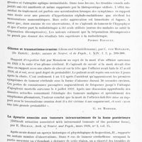 0179 - Page 127 - Analyses. Neurologie. Études spéciales. Cerveau. Rétrocession de l'oedème papillaire, et arrêt d'évolution consécutif à la radiothérapie des tumeurs cérébrales, par Rollet, Froment et Colrat. Journ. de médecine de Lyon... / Gliome et traumatisme crânien (Gliom und Schädeltrauma), par C. von Monakow... Archiv. suisses de neurol. et de psych... / La dysurie associée aux tumeurs intracrâniennes de la fosse postérieure (Difficult urination associated with intracranial tumours of the posterior fossa), par E. Holman. Arch. of Neurol. and Psych...