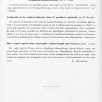 0230 - Page 178 - Sociétés. Société clinique de médecine mentale. Séance du 19 juillet 1926. Délire commun de persécution chez deux frères grecs macédoniens, par MM. P. Courbon et M. Miquel / Un type de morphinomane, par M. Clerc / Accidents de la malariathérapie dans la paralysie générale, par M. Trénel / Mort rapide après crise d'épilepsie ; hémorrhagie ventriculaire, par M. Bauer