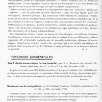 0260 - Page 208 - Analyses. Psychiatrie. Études spéciales. Psychoses constitutionnelles. Les délires chroniques ; hypothèses pathogéniques contemporaines, par P. Guiraud. Encéphale... / Le schizophrénie tardive, par G. Halberstadt, Encéphale... / Psychoses congénitales. Cas d'idiotie amaurotique (forme juvénile), par R.-C. Moehlig..., Michigan Stade med. Soc. J... / Nouveaux cas de mongolisme, par D. Santiago Cavengt, Pediatria espanola...