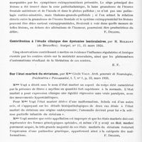 0312 - Page 260 - Analyses. Neurologie. Études spéciales. Cerveau. Syndrome rare opso-myoclonique chez un enfant au cours d'une encéphalite, par W. Mikulowski... Arch. de méd. des enfants... / Étude sur la diffusion du processus paralytique aux centres pyramidaux, par Alexandro Pfanner. Studi Neurologici dedicati a Eugenio Tanzi... / Contribution à l'étude clinique des dystonies lenticulaires, par M. Molhant... Scalpel... / Sur l'état marbré du striatum, par Mme Cécile Vogt. Arch. generale di Neurologia, Psichiatria e Psicoanalisi... / La rigidité pallidale et la rigidité progressive, par C. I. Urechia et S. Mihalescu. Archivio generale di Neurologia, Psichiatria e Psicoanalisi...