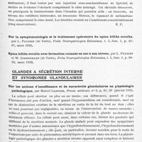 0315 - Page 263 - Analyses. Neurologie. Études spéciales. Moelle. Les quadriplégies spinales syphilitiques, par M. Molhant... Bull. de l'Académie R. de méd. de Belgique... / La laminectomie lombo-sacrée dans les rétentions et incontinences d'urine par spina bifida, par M. François... Société française d'urologie... / Glandes à sécrétion interne et syndromes glandulaires. Sur les notions d'insuffisance et de suractivité glandulaires en physiologie pathologique, par Marcel Garnier. Presse médicale... / Syndrome de Basedow, déséquilibre végétatif et métabolisme de base, par Lemoine. Soc. clinique des hôpitaux de Bruxelles...