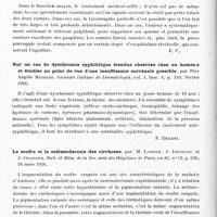 0316 - Page 264 - Analyses. Neurologie. Études spéciales. Glandes à sécrétion interne et syndromes glandulaires. Syndrome de Basedow, déséquilibre végétatif et métabolisme de base, par Lemoine. Soc. clinique des hôpitaux de Bruxelles... / Section du releveur palpébral dans le goitre à exophtalmie extrême, par A. Terson. Société d'ophtalmologie de Paris... / Sur un cas de dyschromie syphilitique étendue observée chez un homme et étudiée au point de vue d'une insuffisance surrénale possible, par Pier Angelo Meineri. Giornale italiano de Dermatologia... / Le soufre et la mélanodermie des cirrhoses, par M. Loeper, J. Decourt et J. Ollivier. Bull. et mém. de la Soc. méd. des hôpitaux de Paris... / Traitement de l'insuffisance ovarienne par doses massives de calcium, par Al. Crainicianu... Presse médicale...
