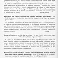 0318 - Page 266 - Analyses. Neurologie. Études spéciales. Dystrophies. Un cas d'ostéite généralisée à géodes, type Recklinghausen, par A. Yvernault et L. Montel... Journal de radiologie et d'électrologie... / Association du diabète insipide avec l'ostéite fibreuse polykystique, par W. B. Gordon... American J. of the med. Sc... / Un cas d'hémihypertrophie du corps, par Lavau. Société médico-chirurgicale de l'Indo-Chine... / Hypertrophie congénitale de la ceinture scapulaire gauche, du bras et de la main, avec naevus et veines variqueuses, par E. G. Wakefield... American J. of the med. Science...