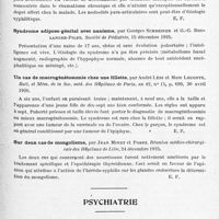 0319 - Page 267 - Analyses. Neurologie. Études spéciales. Dystrophies. Luxations métacarpo-phalangiennes généralisées des deux mains avec nodosités para-articulaires au cours d'un rhumatisme chronique, par O. Crouzon et J. Christophe. Bull. et mém de la Soc. méd. des hôpitaux de Paris... / Syndrome adiposo-génital avec nanisme, par Georges Schreiber et G.-G. Boulanger-Pilet. Société de pédiatrie... / Un cas de macrogénétosomie chez une fillette, par André Léri et Marc Leconte. Bull. et mém. de la Soc. méd. des hôpitaux de Paris... / Sur deux cas de mongolisme, par Jean Minet et Porez. Réunion médico-chirurgicale des hôpitaux de Lille... / Psychiatrie. Études générales. Psychologie. Quelques remarques sur le subconscient, par Ed. Claparède... Arch. suisses de neurologie et de psychiatrie...