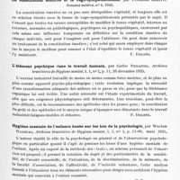 0321 - Page 269 - Analyses. Psychiatrie. Études générales. Psychologie. La question de l'étude expérimentale des émotions chez les psychopathes, par S. S. Sergheievsky. Journal nevropatologhii y psychiatrii imeni S. S. Korsakova... / La constitution émotive et la vago-sympathicotonie, par Fernando Goritti. Semana médica... / L'élément psychique dans le travail humain, par Carlos Penafiel. Archivos brasileiros de Hygiene mental... / Hygiène mentale de l'enfance basée sur les lois de la psychologie, par Waclaw Radecki, Archivos brasileiros de Hygiene mental... / Sémiologie. Les problèmes et les méthodes d'une étude somatologique des affections psychiques, par M. P. Andréev. Sovremennaia Psychonevrologhia...