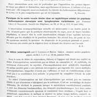 0325 - Page 273 - Analyses. Psychiatrie. Études générales. Sémiologie. Contribution à l'étude des hallucinoses chroniques, par G. Halberstadt. Annales médico-psychologiques... / Contribution à l'étude des hallucinations lilliputiennes, par F. Vizioli. Neurologica... / Paralysie de la corde vocale droite chez un syphilitique atteint de psychose hallucinatoire chronique avec lymphocytose rachidienne, par Fernand Lévy et Ogliastri. Gazette des hôpitaux... / Le délire interrogatif, par J. Capgras et Xavier Abély. Annales médico-psychologiques...