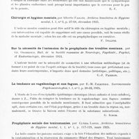 0328 - Page 276 - Analyses. Psychiatrie. Études générales. Sémiologie. Chirurgie et psychiatrie, par Paul Courbon. Annales médico-psychologiques... / Chirurgie et hygiène mentale, par Alberto Farani. Archivos brasileiros de Hygiene mental... / Sur la nécessité de l'extension de la prophylaxie des troubles mentaux, par Gr. Odobesco. Bull. de la Société roumaine de neurologie, psychiatr., psychol. et endocrinologie... / La tendance au vagabondage et aux fugues, par E.-M. Zalkinde. Sovremennaia Psychonevrologhia... / Prophylaxie sociale des toxicomanies, par Cunha Lopes. Archivios braseileiros de Hygiène mental... / Sur la prophylaxie du suicide, par Xavier de Oliveira. Archivios brasileiros de Hygiene mental...
