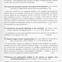 0329 - Page 277 - Analyses. Psychiatrie. Études générales. Sémiologie. La sélection individuelle des immigrants dans le programme de l'hygiène mentale, par Juliano Moreira. Archivos brasileiros de Hygiene mental... / Les causes des maladies mentales ; les moyens de les combattre, par V. Demole... Schweizerische Zeitschrift für Gesundheitspflege... / La stérilisation des grands dégénérés et des criminels, par Renato Kehl. Archivos brasileiros de Hygiene mental... / La médicine légale devant la psychanalyse, par Mina Minovici et Iosif Westfried... Presse médicale... / L'assistance aux psychopathes (aliénés et non aliénés) en Algérie. Etat actuel de la question, par le Dr P. Sauzay. Thèse d'Alger, 1925 / Alcaloïdes et morts subites, par Henri Damaye. Progrès médical...
