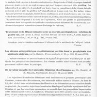 0410 - Page 358 - Analyses. Neurologie. Études spéciales. Infections et intoxications. Tétanie chronique des adultes et transplantation des parathyroïdes humaines selon la méthode de Voronoff, par Cesare Frugoni et Vittorio Scimone..., Presse médicale... / Traitement de la tétanie infantile avec un extrait parathyroïdien ; relation de quatre cas, par Lynne A. Hoag et Helen Rivkin..., J. of the American med. Association... / Les sérums antidiphtérique et antitétanique purifiés dans la prophylaxie des accidents sériques, par G. Ramon, Presse médicale... / De la valeur antigène de l'anatoxine tétanique chez l'homme, par Ch. Ramon et Ch. Zoeller, Académie des sciences... / L'immunité antitétanique par l'anatoxine chez l'homme, par Chr. Zoeller et Ramon, Presse médicale...