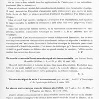 0411 - Page 359 - Analyses. Neurologie. Études spéciales. Infections et intoxications. L'immunité antitétanique par l'anatoxine chez l'homme, par Chr. Zoeller et Ramon, Presse médicale... / Un cas de tétanos de Rose à marche aiguë et à issue mortelle, par Lucien Beco, Bruxelles-médical... / Le sérum antitétanique dans le tétanos généralisé, par Saada, Soc. de méd. et d'hygiène du Maroc... / Deux cas de tétanos infantile guéris par la sérothérapie, par Leenhardt et Reverdy, Soc. des Sc. méd. et biol. de Montpellier et du Languedoc...