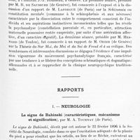 0523 - Page 471 - Congrès des aliénistes et neurologistes de France et des pays de langue française. XXXe session. Genève-Lausanne, 2-7, août 1926. Rapports. I. Neurologie. Le signe de Babinski (caractéristiques, mécanisme et signification), par M. A. Tournay...