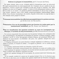 0539 - Page 483 - Congrès des aliénistes et neurologistes de France et des pays de langue française. XXXe session. Genève-Lausanne, 2-7, août 1926. Communications diverses. I. Neurologie. B. Communications diverses. Sclérose en plaques et traumatisme, par O. Crouzon... / Essai de classification des spasmes oculaires au cours de l'encéphalite épidémique, à l'occasion de cinq cas nouveaux, par MM. Roger et Reboul-Lachaux / Sur la manifestation très tardive du parkinsonisme postencéphalitique, par M. Donaggio...