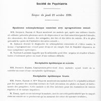 0546 - Page 490 - Sociétés. Société de psychiatrie. Séance du jeudi 21 octobre 1926. Syndrome schizophrénique conscient avec apragmatisme sexuel / Encéphalite épidémique et suicide / Encéphalite épidémique fruste / Délire imaginatif de grandeur. Conséquences médico-légales