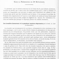 0550 - Page 494 - Sociétés. Société belge de médecine mentale. Séance du 25 septembre 1926, tenue à la ferme-école pour enfants anormaux de Waterloo. Les troubles humoraux et la psychose maniaco-dépressive par le Prof. A. Ley... / Causes d'exemption du service militaire pour maladies mentales et nerveuses, par M. Vervaeck...