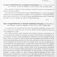 0560 - Page 504 - Analyses. Neurologie. Études générales. Sémiologie. Réflexe orbito-cardiaque et réflexe oculo-cardiaque. Recherches comparatives dans les maladies nerveuses et mentales, par Salvatore de Leo. Neurologica... / Le signe d'Argyll-Robertson, pathogénie et séméiologie, par P. Nayrac et A. Breton... Gazette des hôpitaux... / Signe d'Argyll-Robertson et névraxite épidémique chronique, par Paul Mériel... Gazette des hôpitaux...