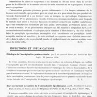 0566 - Page 510 - Analyses. Neurologie. Études spéciales. Moelle. Tumeur de la moelle, par Etienne Sorrel. Bull. et mém. de la Soc. nat. de chirurgie... / Anévrisme syphilitique de l'aorte à double poche, l'une antérieure, l'autre postérieure. Usure vertébrale et compression médullaire. Paraplégie totale brusque et paralysie faciale à la suite d'une injection de 0,15 de novarsénobenzol, par Hudelo, Caillau et Kaplan. Bull. et mém. de la Soc. méd. des hôpitaux de Paris... / Infections et intoxications. Etiologie de l'encéphalite postvaccinale, par Levaditi et Nicolau. Société de biologie... / Sur les formes actuelles de l'encéphalite épidémique, par L. Bériel... Bull. et mém. de la Soc. méd. des hôpitaux de Paris...