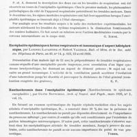 0568 - Page 512 - Analyses. Neurologie. Études spéciales. Infections et intoxications. Sur un cas de grosse ulcération trophique à la suite de l'encéphalite léthargique, par P. Lammersmann. Dermatologische Zeitschrift... / Les troubles de la respiration au cours de l'encéphalite épidémique (en russe), par N. A. Popov et M. M. Ammosov. Journal névropatologhii y psychiatri imeni S. S. Korsakova... / Encéphalite épidémique à forme respiratoire et insomnique d'aspect hébéphrénique, par Laignel-Lavastine et Robert Valence. Bull. et mém. de la Soc. méd. des hôpitaux de Paris... / Xanthochromie dans l'encéphalite épidémique (Xanthochromia in epidemic encephalitis), par David Rotschild. Arch. of Neurol. and Psych... / Les lignes hyperesthésiques du corps sensibilisées par l'encéphalite épidémique, par Giuseppe Calligaris... Rivista di Patologia nervosa e mentale...