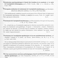 0571 - Page 515 - Analyses. Neurologie. Études spéciales. Infections et intoxications. Altération du caractère et de la conduite comme séquelle d'encéphalite léthargique, par Alfred Gordon. Med. J. a. Record... / Principales méthodes de traitement de l'encéphalite épidémique, par Rodolphe-Albert Ley. Bruxelles médical... / Traitement de l'encéphalite épidémique, par Billigheimer. Therapie der Gegenwarl... / Traitement de l'encéphalite épidémique et de ses manifestations tardives, par Enjolras Vampré et F. Cintra do Prado. Brazil-Medico... / Sur les constatations anatomo-pathologiques dans le parkinsonisme par encéphalite épidémique, par Gino Francioni. Cervello...