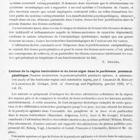 0572 - Page 516 - Analyses. Neurologie. Études spéciales. Infections et intoxications. Sur les constatations anatomo-pathologiques dans le parkinsonisme par encéphalite épidémique, par Gino Francioni. Cervello... / Lésions de la région lenticulaire et du locus niger dans le parkinson postencéphalitique (Neuron destruction in postencephalitic paralysis agitans. A micrometric study of the lenticular region and substantia nigra), par J. Chamley M. Kinley et Lawrence R. Gowan. Arch. of Neurology and Psychiatry...