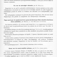 0693 - Page 637 - Sociétés. Réunion annuelle du groupement d'études oto-neuro-oculistiques et neuro-chirurgicales. Séance du 14 novembre 1926. Etude neuro-chirurgicale d'une tumeur de la moelle, par M. Barré et Leriche / Un cas de névralgie sinusale, par M. Higguet / Type sacré pur du syndrome de la queue de cheval par fibro-chondro-chordome intra-rachidien, par Moons, L. Van Bogaert et Nyssen / Deux cas de neuro-myélite optique, par P. Van Gehuchten