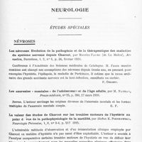 0695 - Page 639 - Analyses. Neurologie. Études spéciales. Névroses. Les névroses. Evolution de la pathogénie et de la thérapeutique des maladies du système nerveux depuis Charcot, par Maurice Faure..., Ars medica... / Les anorexies « mentales » de l'adolescence et de l'âge adulte, par M. Nathan, Presse médicale... / La valeur des études de Charcot sur les troubles moteurs de l'hystérie au point de vue de la pathophysiologie de la motilité, par Stefan K. Pienkowski. Neurologie Polonaise...