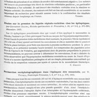 0699 - Page 643 - Analyses. Neurologie. Études spéciales. Névroses. Le liquide céphalo-rachidien dans l'épilepsie (Spinal fluid in epilepsy), par H.-A. Paterson et P. Levi, Arch. of neurol and psych... / Etudes sur la pression du liquide céphalo-rachidien chez les épileptiques, par Giovannni Dalma, Rivista sperimentale di Freniatria... / Recherches encéphalographiques dans l'épilepsie dite essentielle, par W. Tyczka, neurologie polonaise... / Sur le rôle de l'alcalose dans l'épilepsie convulsive, par H. Claude, R. Raffin et M. Montassut, Soc. de biologie...