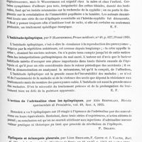 0701 - Page 645 - Analyses. Neurologie. Études spéciales. Névroses. Un nouveau cas d'épilepsie « essentielle » liée à l'hérédo-syphilis, par E. Terrien et L. Babonneix, Gazette des hôpitaux... / L'habitude épileptique, par P. Hartenberg, Presse médicale... / L'action de l'adrénaline chez les épileptiques, par Aldo Bertolani, Rivista sperimentale di Freniatria... / Epilepsie et éclampsie pleurale, par Léon Bernard, F. Coste et J. Valtis, Bull. et mém. de la Soc. méd. des hôpitaux de Paris...