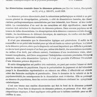 0710 - Page 654 - Analyses. Psychiatrie. Études spéciales. Psychoses constitutionnelles. Formes atypiques de psychose périodique, par A. Obregia, Bulletin de la Société roumaine de neurologie, psychiatrie, psychol. et endocrinologie... / La dissociation mentale dans la démence précoce, par Xavier Abély, Encéphale...